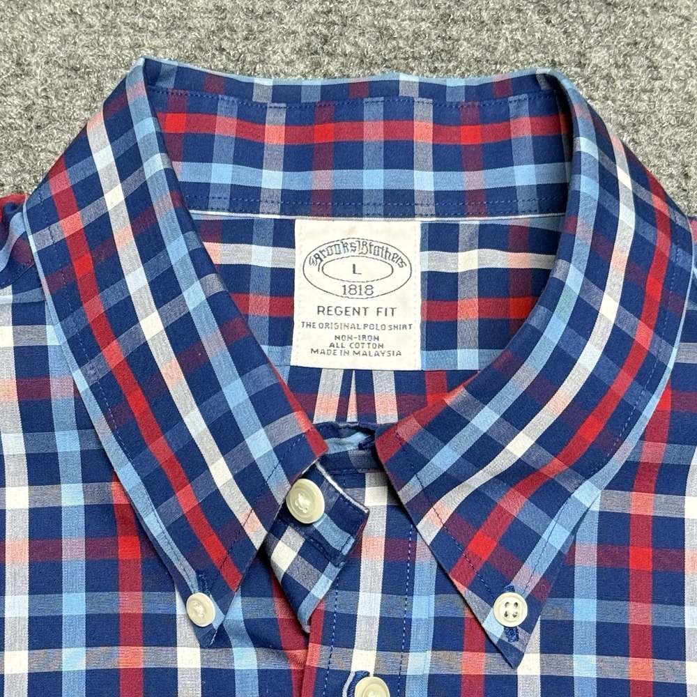 Brooks Brothers Shirt Mens L Red White Blue Plaid Patriotic USA Regent Non Iron